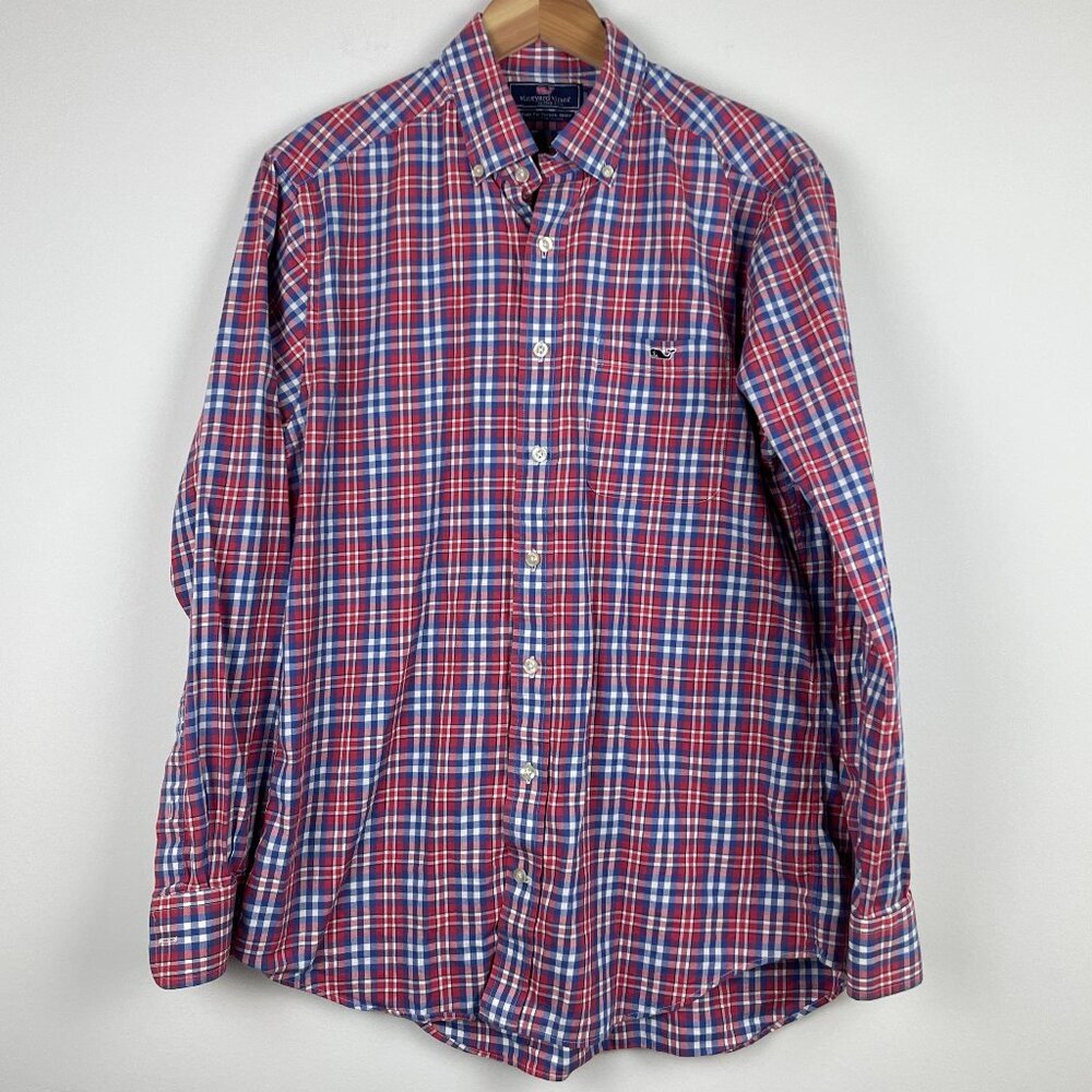Vineyard Vines Shirt Mens Red & Blue Plaid Slim Fit Tucker Button Up Whale - M